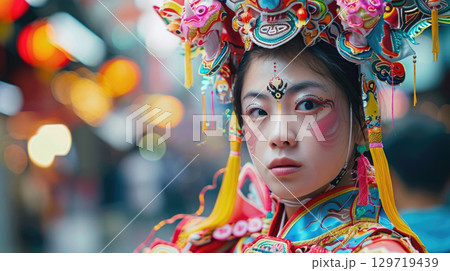 A young Asian woman in traditional Taiwanese attire, adorned with colorful decorations and makeup, stands in a vibrant street during the Feast of Two Dozen Taiwan, Double Tenth Day 129719439