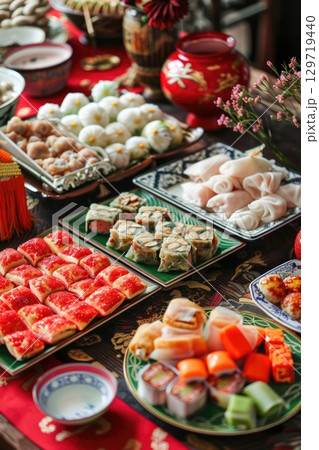 A vibrant display of traditional Taiwanese dishes for the Feast of Two Dozen. Colorful platters feature various dumplings, sweets, and snacks arranged on a festive table, Double Tenth Day 129719440