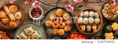 A vibrant spread of traditional Taiwanese dishes for the Feast of Two Dozen. Includes dumplings, buns, and various colorful side dishes, garnished with flowers, Double Tenth Day 129719441