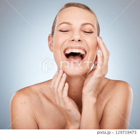 Woman, skincare and laughing face happy about wellness, beauty and health. Facial, healthy dermatology and cosmetics treatment of a model from France with smooth skin texture and natural glow Woman, skincare and laughing face happy about wellness, beauty and health. Facial, healthy dermatology and cosmetics treatment of a model from France with smooth skin texture and natural glow 129719473
