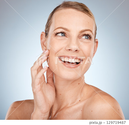 Skincare smile, beauty thinking and woman with facial wellness, luxury idea and skin healthcare against a grey studio background. Spa makeup, body happy and face of a model with natural cosmetics Skincare smile, beauty thinking and woman with facial wellness, luxury idea and skin healthcare against a grey studio background. Spa makeup, body happy and face of a model with natural cosmetics 129719487