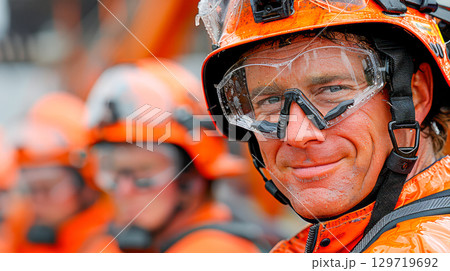 Male rescue worker in bright orange gear smiling confidently with team members in background 129719692