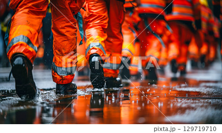 Workers in bright orange rain gear walking through puddles on a wet street during a rainy day 129719710