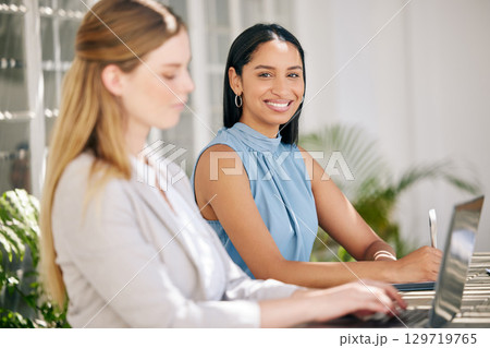 Business woman, portrait and office meeting with management. Boardroom strategy and collaboration with diversity in corporate company. Happy working person feeling motivation at team presentation. 129719765