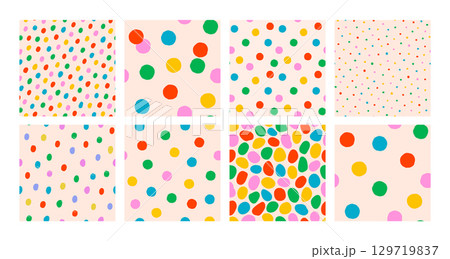 Bright multicolor confetti dot pattern backgrounds. Seamless playful polka dot vector patterns for kids room, party decor, fabric, wrapping paper, stationery. Fun simple print. Drag to swatches panel 129719837