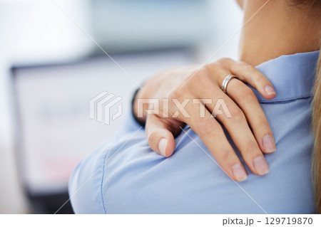 Business woman hand, shoulder pain and stress injury from muscle burnout, anxiety and working depression in office. Zoom on overworked creative management, designer and leadership with laptop problem Business woman hand, shoulder pain and stress injury from muscle burnout, anxiety and working depression in office. Zoom on overworked creative management, designer and leadership with laptop problem 129719870