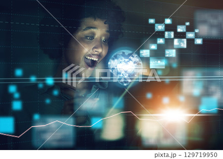 Global telecommunication overlay, futuristic iot hologram and a 5g digital network communication network system. Woman wow, future information technology and blockchain software for online security Global telecommunication overlay, futuristic iot hologram and a 5g digital network communication network system. Woman wow, future information technology and blockchain software for online security 129719950