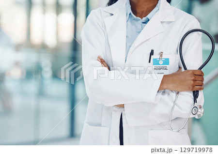 Stethoscope, cardiology doctor with innovation, experience and expert knowledge for hospital, clinic or medical background. Proud black woman healthcare worker for trust, heart health and insurance 129719978