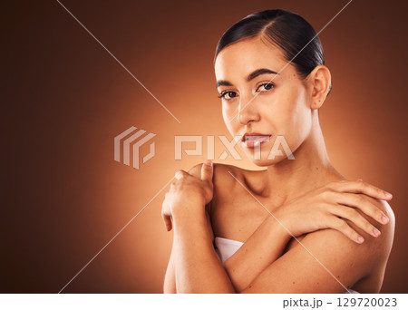 Beauty, skin and woman from Brazil with mockup calm about skincare, wellness and cosmetic glow. Facial, clean cosmetics and natural body shine treatment of a model after self care or spa care 129720023