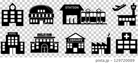 Building icon set of school, gymnasium, station, airport, hotel, shopping mall, library, factory, hospital 129720089