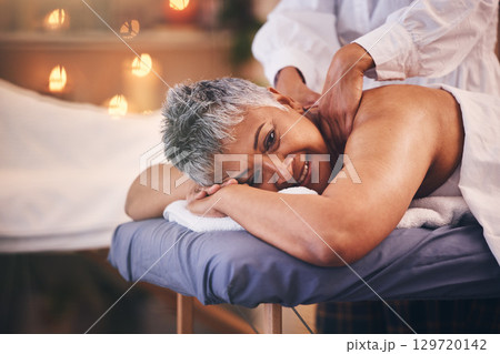 Spa, massage and senior woman on table with hands of therapist on back for happiness, health and wellness. Luxury, hospitality and body care for customer in retirement with physical therapy for peace Spa, massage and senior woman on table with hands of therapist on back for happiness, health and wellness. Luxury, hospitality and body care for customer in retirement with physical therapy for peace 129720142