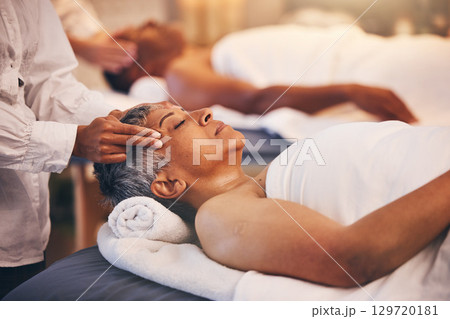 Senior woman, head massage and spa for luxury cosmetic beauty treatment, wellness and stress relief therapy. Peace, relax and zen massaging temple for healthcare, skincare and elderly facial health Senior woman, head massage and spa for luxury cosmetic beauty treatment, wellness and stress relief therapy. Peace, relax and zen massaging temple for healthcare, skincare and elderly facial health 129720181