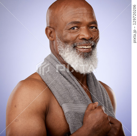 Portrait, black man and shower with towel for healthy skincare, hygiene and wellness on studio background. Male beauty, clean body care and mature guy happy after spa sauna, bathroom and cosmetics Portrait, black man and shower with towel for healthy skincare, hygiene and wellness on studio background. Male beauty, clean body care and mature guy happy after spa sauna, bathroom and cosmetics 129720206