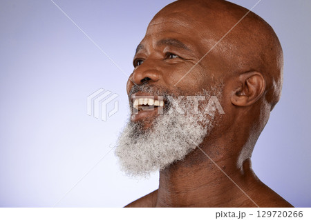Happy black man, face and skin with skincare mockup, smile with beard, elderly model and natural cosmetics with beauty and grooming. Cosmetic, wellness and facial with glow against purple background Happy black man, face and skin with skincare mockup, smile with beard, elderly model and natural cosmetics with beauty and grooming. Cosmetic, wellness and facial with glow against purple background 129720266