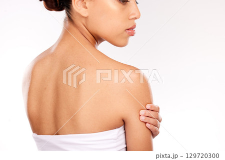Beauty, skin and makeup with woman and skincare, wellness and natural cosmetics mockup against white background. Facial, organic cosmetic treatment and healthy glow, shine and body care cosmetology. Beauty, skin and makeup with woman and skincare, wellness and natural cosmetics mockup against white background. Facial, organic cosmetic treatment and healthy glow, shine and body care cosmetology. 129720300