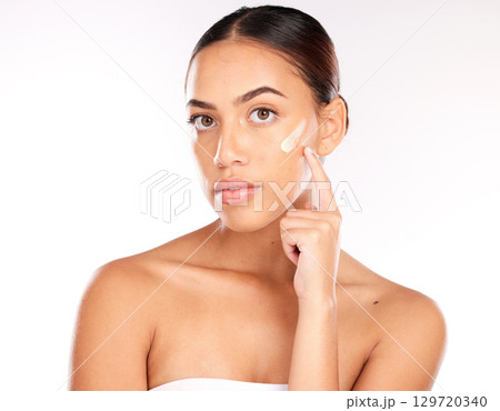 Woman portrait, sunscreen and face in studio, skincare cream product for natural uv protection and cosmetic wellness. Advertising for beauty facial, cream girl and dermatology spf in mockup studio Woman portrait, sunscreen and face in studio, skincare cream product for natural uv protection and cosmetic wellness. Advertising for beauty facial, cream girl and dermatology spf in mockup studio 129720340