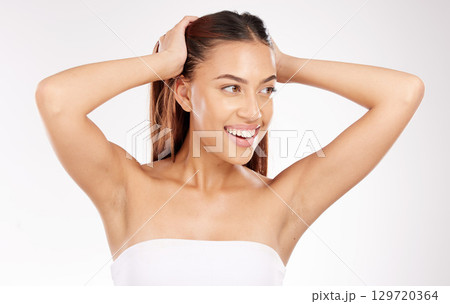 Makeup, young woman and wellness for skincare, smooth and clear skin against studio background. Cosmetics, Latino female and healthy girl with organic facial, face detox and natural beauty with smile 129720364