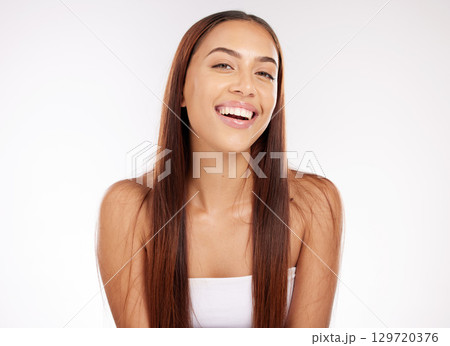 Hair, portrait and woman in studio for beauty, hair care and keratin, treatment and product on white background mockup. Face, girl and model from Brazil with brazilian hairstyle, smooth and healthy 129720376
