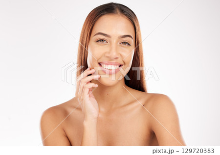 Portrait, skincare and teeth health of woman with veneers, self care and dental treatment satisfaction. Healthy smile and hygiene of cosmetic model girl with clean skin on mockup studio background. 129720383