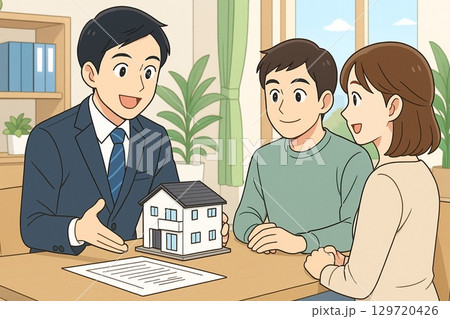不動産営業マンが住宅模型を用いて夫婦に新築住宅を提案するプレゼンテーションシーン 129720426