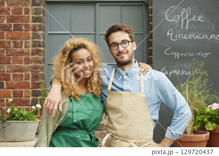 Small business, collaboration and portrait of employee in cafe for management, startup and teamwork. Restaurant, hipster and support with waiter in coffee shop store for retail, vision and goal Small business, collaboration and portrait of employee in cafe for management, startup and teamwork. Restaurant, hipster and support with waiter in coffee shop store for retail, vision and goal 129720437