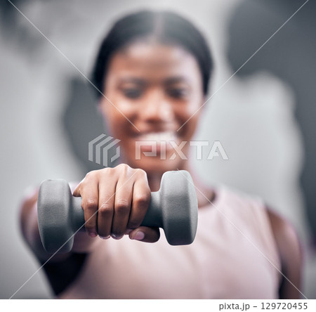 Weights, fitness and black woman training at gym, body motivation and muscle exercise. Sports hand, weightlifting and portrait of an African athlete with health workout, power and strong cardio 129720455