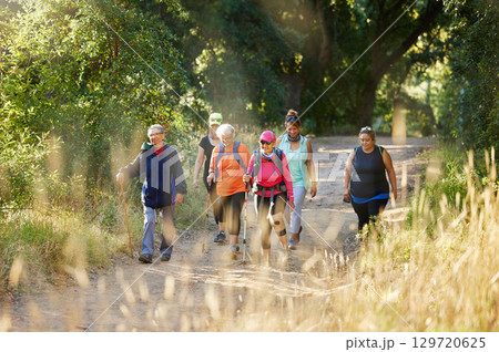 Nature, walking and senior group hiking in forest for exercise, health and wellness with cardio outdoor workout. Fitness, healthy and elderly friends or retirement club trekking on path in the woods 129720625