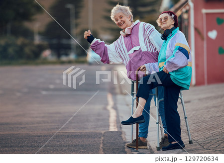 Hand, thumbs up and senior women with disability in a road for travel, fun and waiting for taxi in a city. Elderly, friends and disabled seniors hitchhiking while waiting for cab ride in a street Hand, thumbs up and senior women with disability in a road for travel, fun and waiting for taxi in a city. Elderly, friends and disabled seniors hitchhiking while waiting for cab ride in a street 129720634