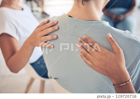Hands, mental health and support in group therapy for woman suffering depression, stress and trauma closeup. Hand, people and aa meeting by community in trust, help and empathy for girl with anxiety 129720716