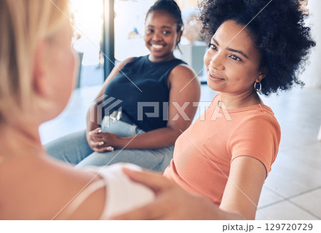 Empathy, support and counseling with people in therapy meeting for psychology, depression and community. Mental health, healing and difficult with friends in workshop session for advice and help 129720729