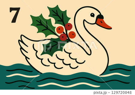 Seven swans a-swimming. The twelve days of Christmas. English Christmas carol. Seventh day Seven swans a-swimming. The twelve days of Christmas. English Christmas carol. Seventh day 129720848