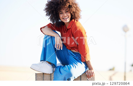 Fashion, happy and smile with portrait of black woman in city for freedom, youth and urban lifestyle. Relax, motivation and happiness with face of girl in outdoor for creative, summer and thinking 129720864