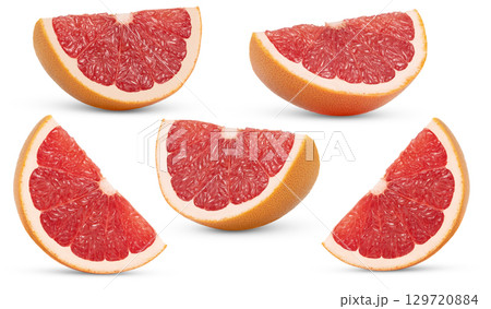 Standing ripe slice of pink grapefruit citrus fruit set isolated with clipping path. Grapefruit fruit slices cut out. Standing ripe slice of pink grapefruit citrus fruit set isolated with clipping path. Grapefruit fruit slices cut out. 129720884