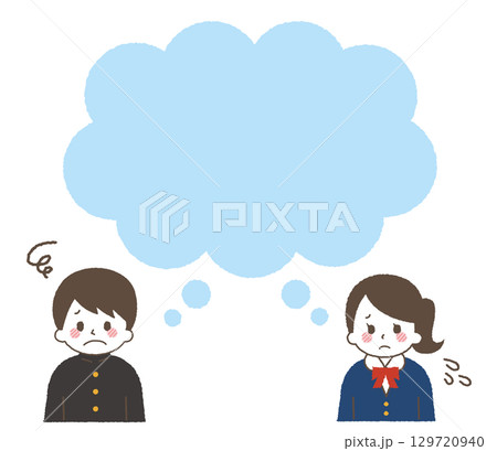 吹き出しと悩む学生のベクターイラスト素材。中学生のネガティブな表情。 129720940