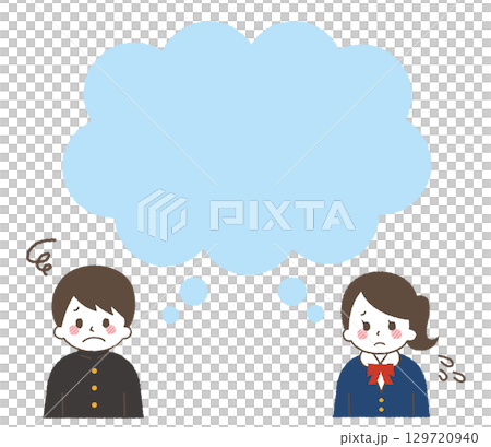 向量圖：一位焦慮的學生，臉上帶著一個對話框。國中生的消極表情。 129720940