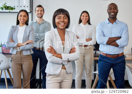 Black woman, leadership and portrait of business people with arms crossed in office. Teamwork, collaboration and happy group of employees working together for targets, goals or success in workplace. 129720962