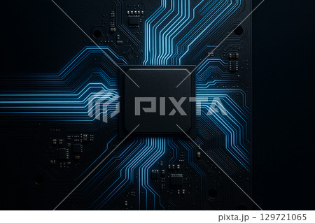 A futuristic glowing CPU design with luminous circuitry patterns in abstract close-up view 129721065