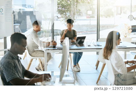 Business people, marketing team and collaboration, meeting and discussion in advertising agency behind glass window. Designers, diversity teamwork and creative company, planning and coworking startup 129721080