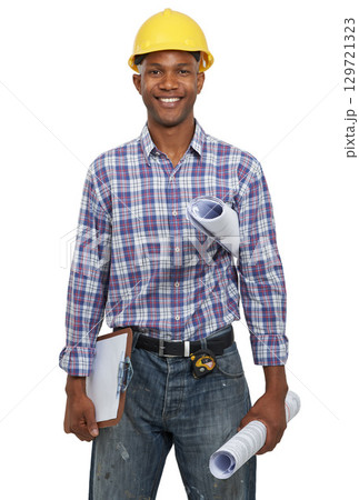 Portrait, construction and building with a black man architect in studio on a white background. Construction worker, architecture and blueprint with a male designer holding a clipboard for planning Portrait, construction and building with a black man architect in studio on a white background. Construction worker, architecture and blueprint with a male designer holding a clipboard for planning 129721323