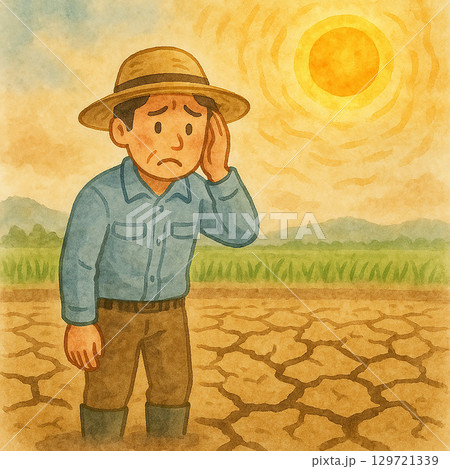 干上がった田んぼと困る農家　夏の猛暑と水不足　イラスト素材 129721339