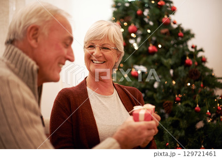 Senior couple, giving gift and together for Christmas holiday celebration at home with a smile, happiness and kindness. Surprise, celebrate and tree with man and woman holding a present and gift box Senior couple, giving gift and together for Christmas holiday celebration at home with a smile, happiness and kindness. Surprise, celebrate and tree with man and woman holding a present and gift box 129721461