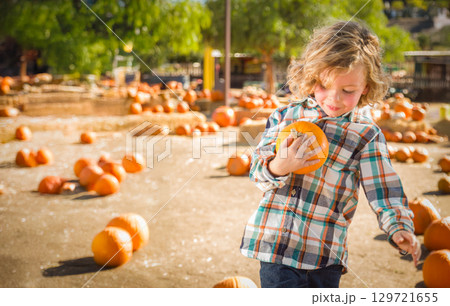 Cute Young Boy Having Fun at the Pumpkin Patch on a Sunny Fall Day. 129721655
