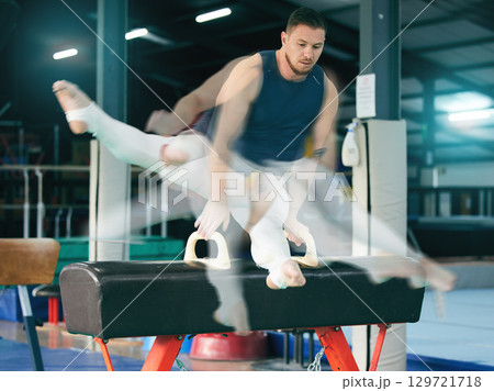 Gymnastics, fitness and man on balance beam for training, cardio and strength at gym. Athletic, male and acrobat practice speed, control and sport routine for muscle, power or endurance performance Gymnastics, fitness and man on balance beam for training, cardio and strength at gym. Athletic, male and acrobat practice speed, control and sport routine for muscle, power or endurance performance 129721718