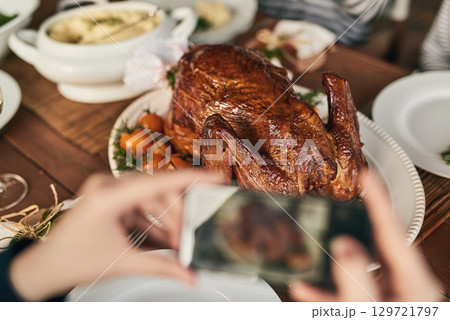 Chicken, photo and phone with woman at table for food, blog and social media. Thanksgiving, celebration and festive with hand of chef and picture of turkey for Christmas, party and healthy dinner Chicken, photo and phone with woman at table for food, blog and social media. Thanksgiving, celebration and festive with hand of chef and picture of turkey for Christmas, party and healthy dinner 129721797