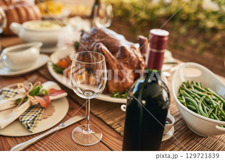 Top view, wine glass and food at luxury restaurant, chicken and vegetable. Alcohol, meal, fresh meat and arranged for lunch on a vineyard with wine tasting on a farm during a weekend or healthy lunch 129721839