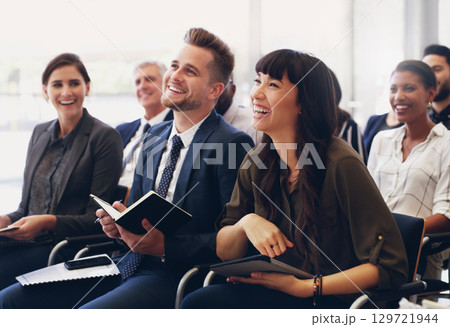 Diversity, happy or business people in workshop success presentation, business meeting or company seminar. Teamwork, collaboration and startup worker with smile for tradeshow or conference audience 129721944