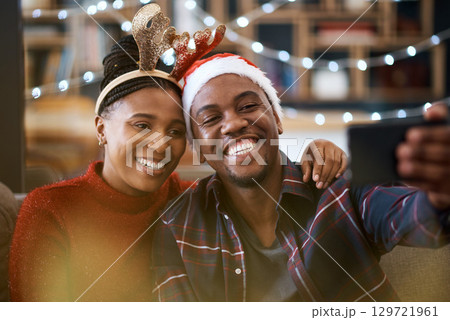 Phone, selfie and couple relax in a city for christmas celebration, bonding and happy together outdoors. Black couple, photo and man with woman downtown for festive, fun and season cheer with mockup 129721961