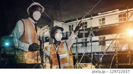 Engineering team, futuristic and people inspection, planning and building development in city overlay. Night architect, construction worker or black woman manager, industrial strategy and safety mask Engineering team, futuristic and people inspection, planning and building development in city overlay. Night architect, construction worker or black woman manager, industrial strategy and safety mask 129722037