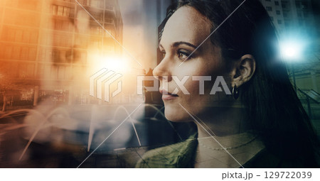Business woman is thinking, face with vision and urban double exposure, professional mindset and idea. Thoughtful, mindfulness and corporate female, career in city with overlay and motivation 129722039