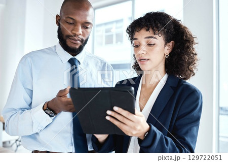 Office tablet, partnership teamwork and black people review finance portfolio feedback, stock market database or investment. Economy, forex account manager and trader trading NFT, bitcoin or crypto 129722051